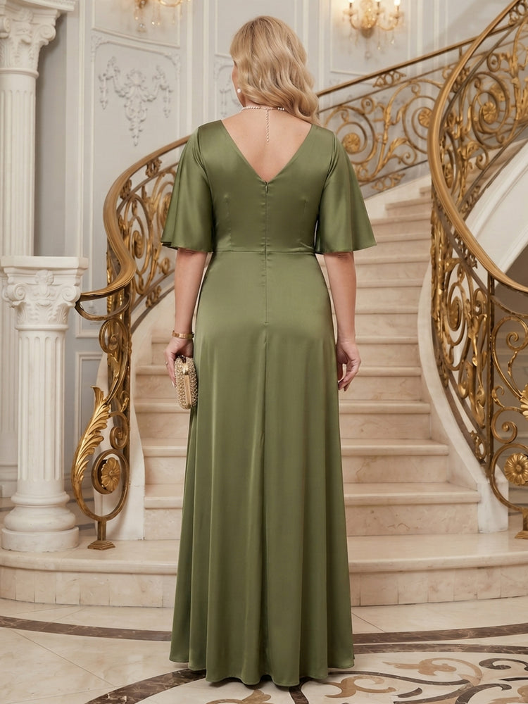 Satin A-Line V Neck Long Mother of the Bride Dresses with 3D Flowers