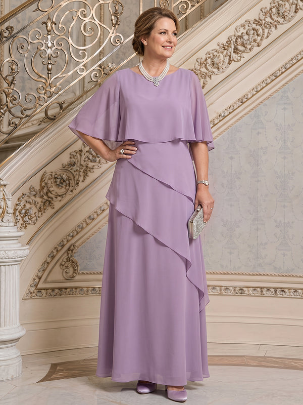 Chiffon A-Line Scoop Neck Long Mother of the Bride Dresses with Cape