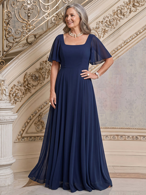Chiffon A-Line Square Neck Long Mother of the Bride Dresses with Pleats