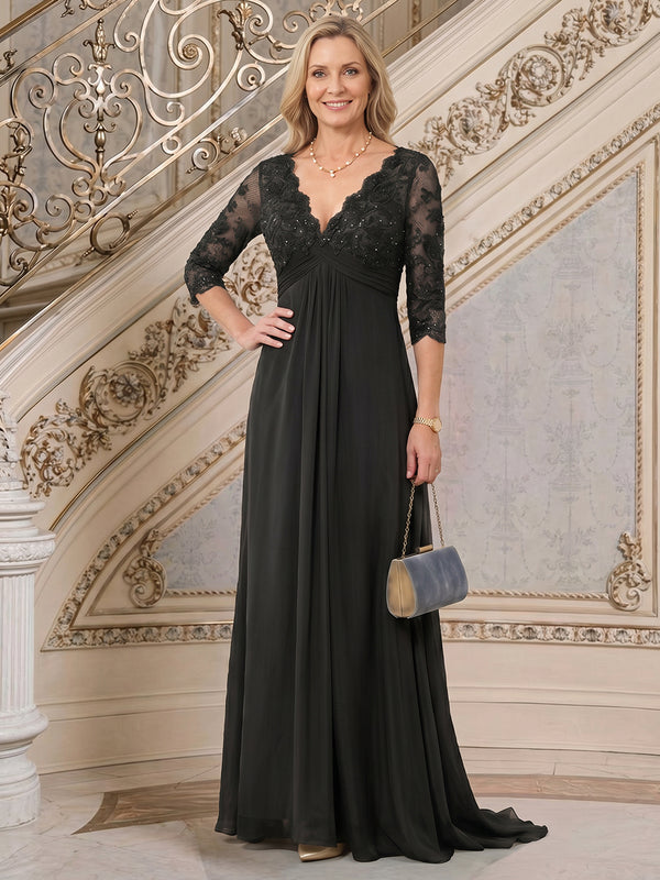 Chiffon A-Line V Neck Long Mother of the Bride Dresses with Sequin Embroidery