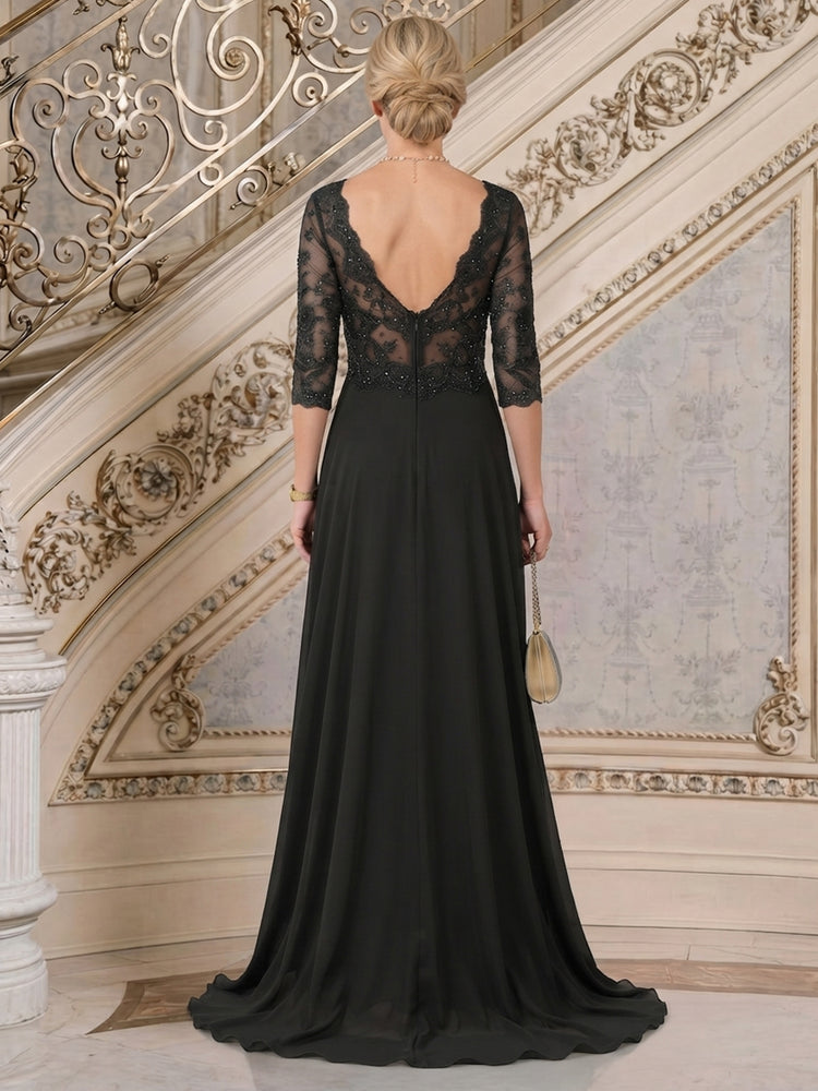 Chiffon A-Line V Neck Long Mother of the Bride Dresses with Sequin Embroidery