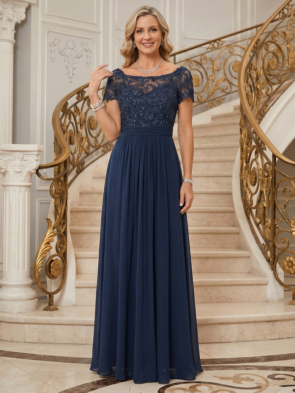 Chiffon A-Line Scoop Neck Long Mother of the Bride Dresses with Sequin Embroidery