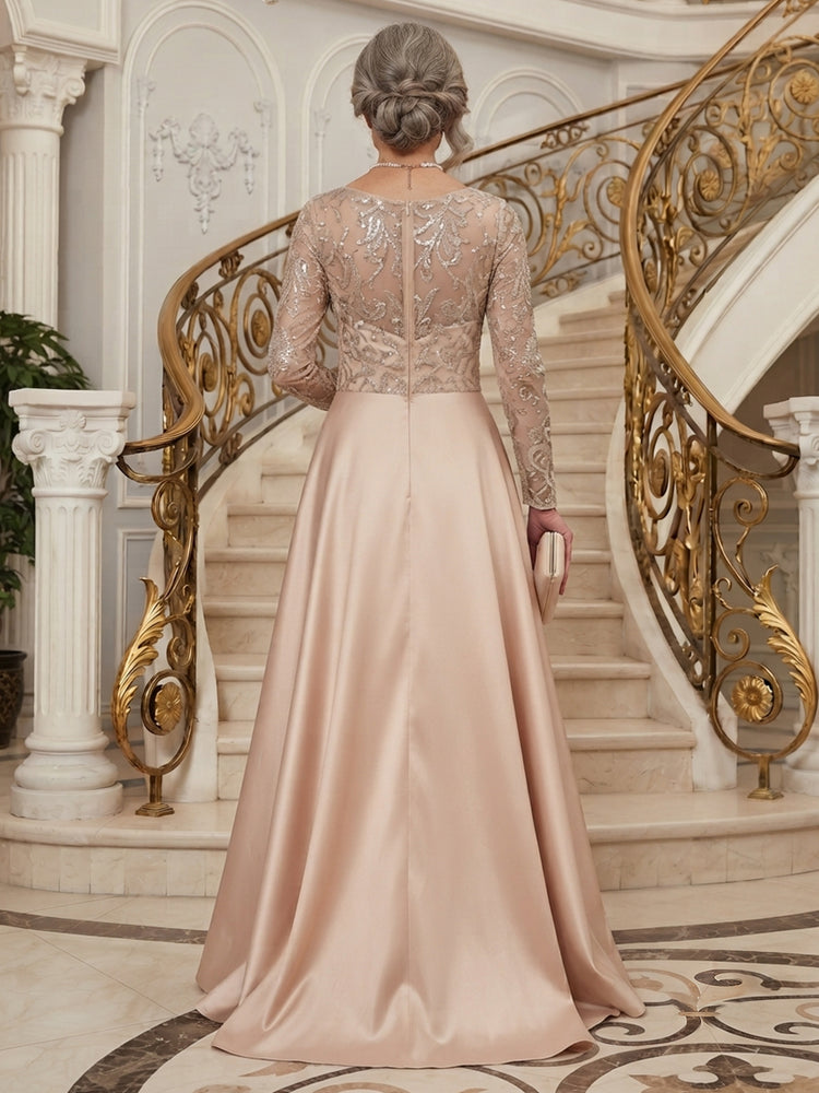 Satin A-Line Jewel Neck Long Mother of the Bride Dresses with Split Side