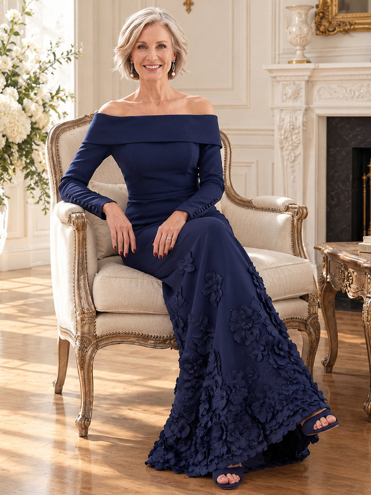 Jersey Sheath Off the Shoulder Long Mother of the Bride Dresses with 3D Flowers