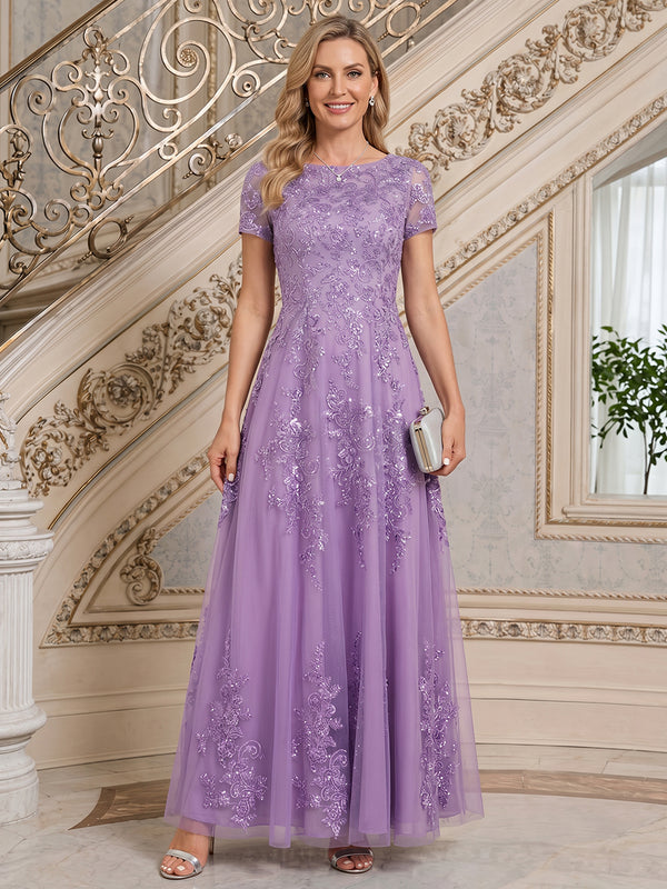 Tulle A-Line Boat Neck  Long Mother of the Bride Dresses with Sequin Embroidery