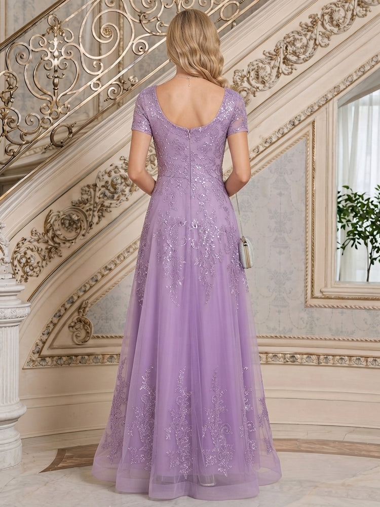 Tulle A-Line Boat Neck  Long Mother of the Bride Dresses with Sequin Embroidery