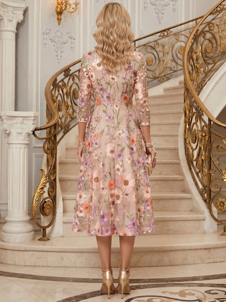 Tulle A-Line Scoop Neck Tea Length Mother of the Bride Dresses with Floral Embroidery