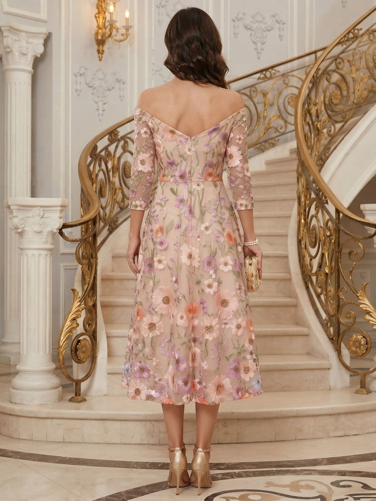 Tulle A-Line Off the Shoulder Tea Length Mother of the Bride Dresses with Floral Embroidery