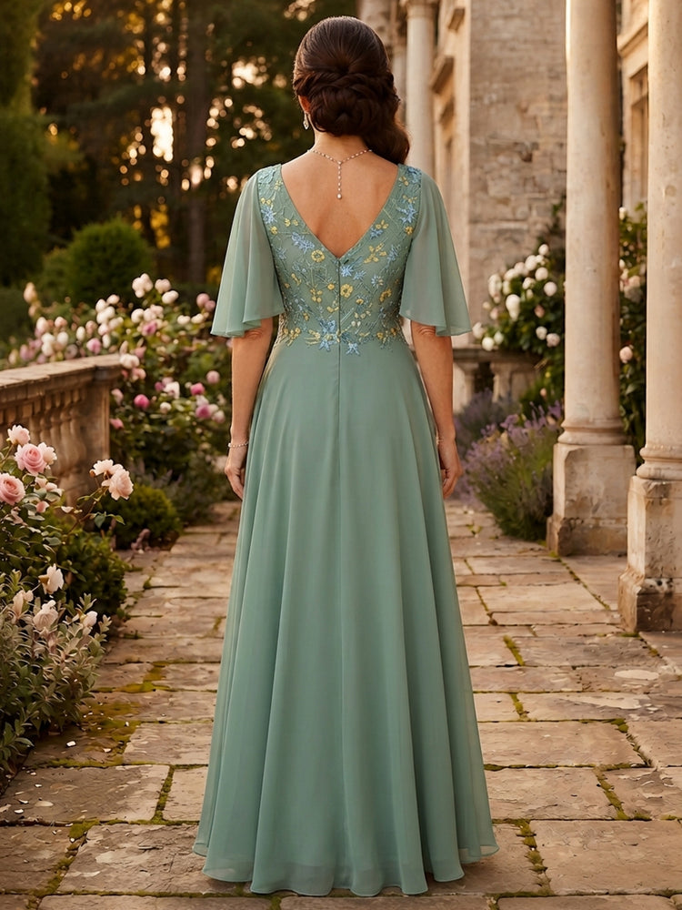 Chiffon A-Line V Neck Long Mother of the Bride Dresses with Floral Embroidery