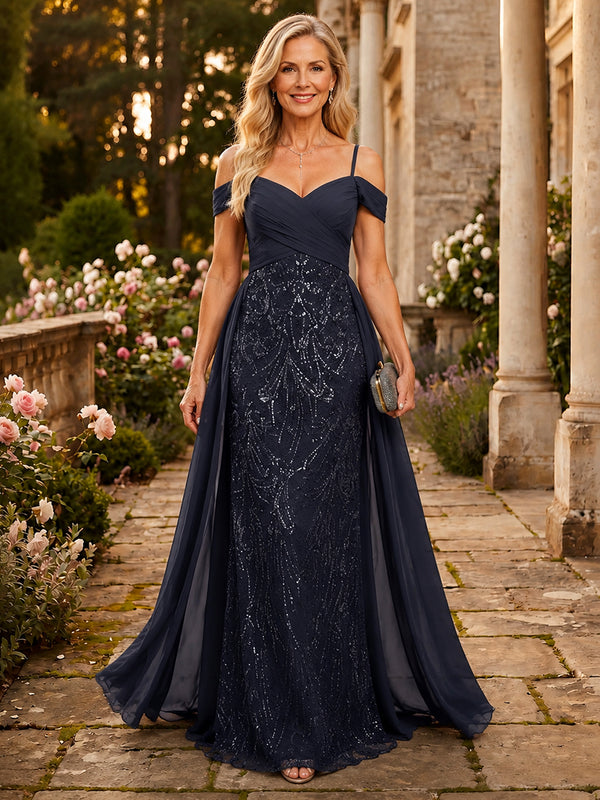 Chiffon A-Line Off the Shoulder Long Mother of the Bride Dresses with Sequin Embroidery