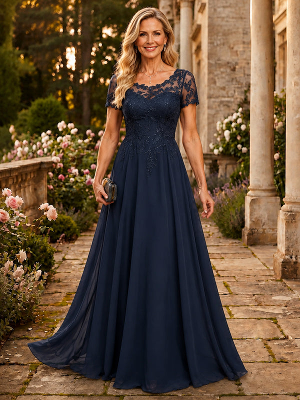Chiffon A-Line V Neck Long Mother of the Bride Dresses with Lace Applique