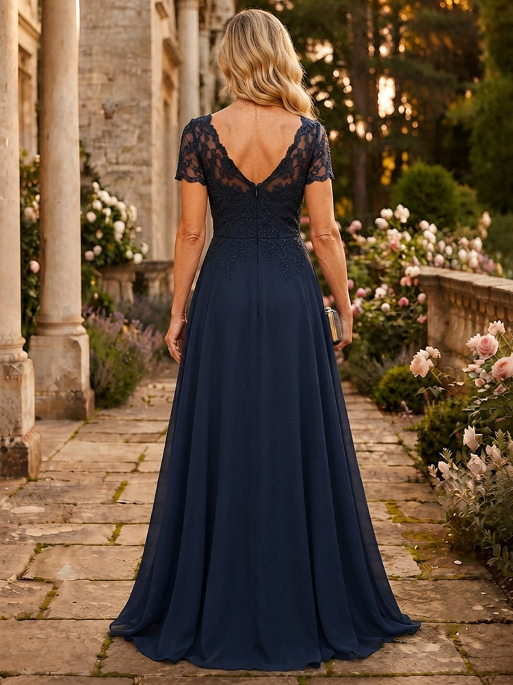 Chiffon A-Line V Neck Long Mother of the Bride Dresses with Lace Applique