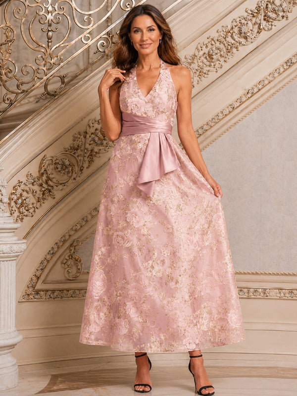 Jacquard A-Line Halter Long Mother of the Bride Dresses with Bow