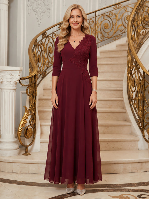 Chiffon A-Line V Neck Long Mother of the Bride Dresses with Applique