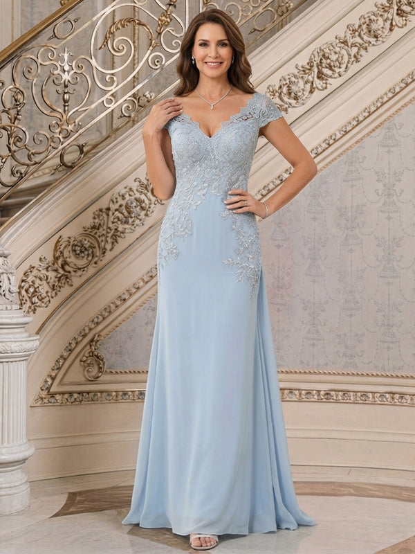 Chiffon Mermaid V Neck Long Mother of the Bride Dresses with Applique