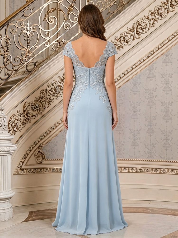 Chiffon Mermaid V Neck Long Mother of the Bride Dresses with Applique