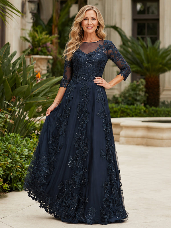 Tulle A-Line Jewel Neck Long Mother of the Bride Dresses with Lace Applique