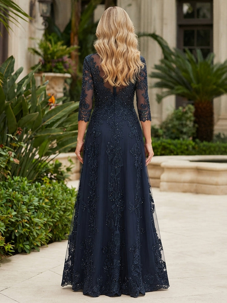 Tulle A-Line Jewel Neck Long Mother of the Bride Dresses with Lace Applique