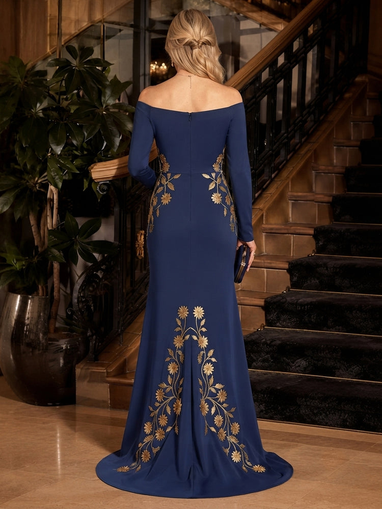 Crepe Mermaid Off the Shoulder Long Mother of the Bride Dresses with Floral Embroidery