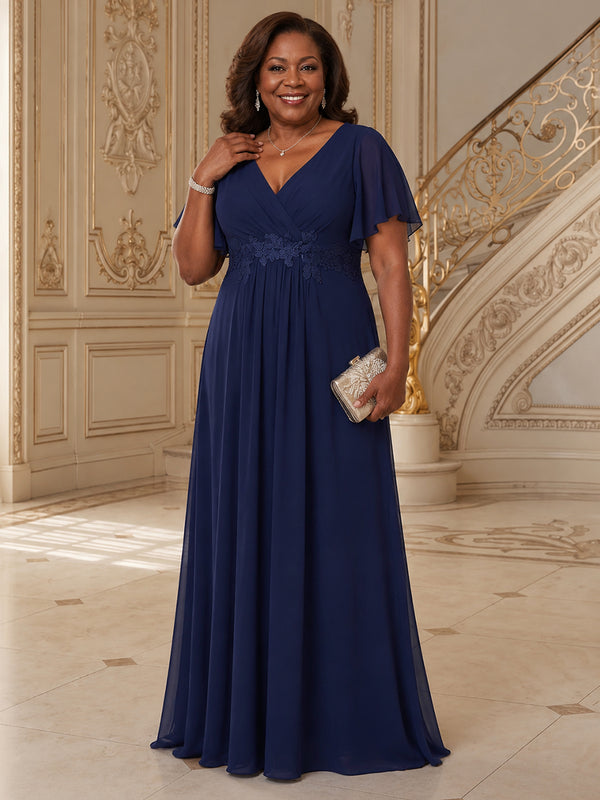 Chiffon A-Line V Neck Long Mother of the Bride Dresses with Applique