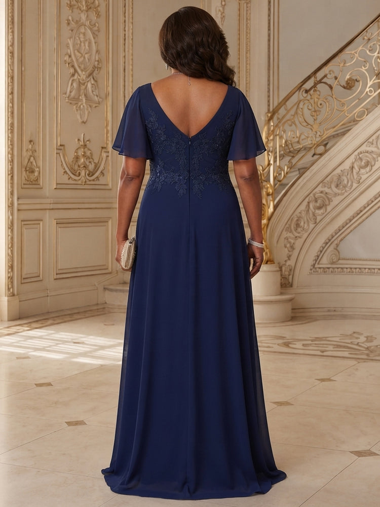 Chiffon A-Line V Neck Long Mother of the Bride Dresses with Applique