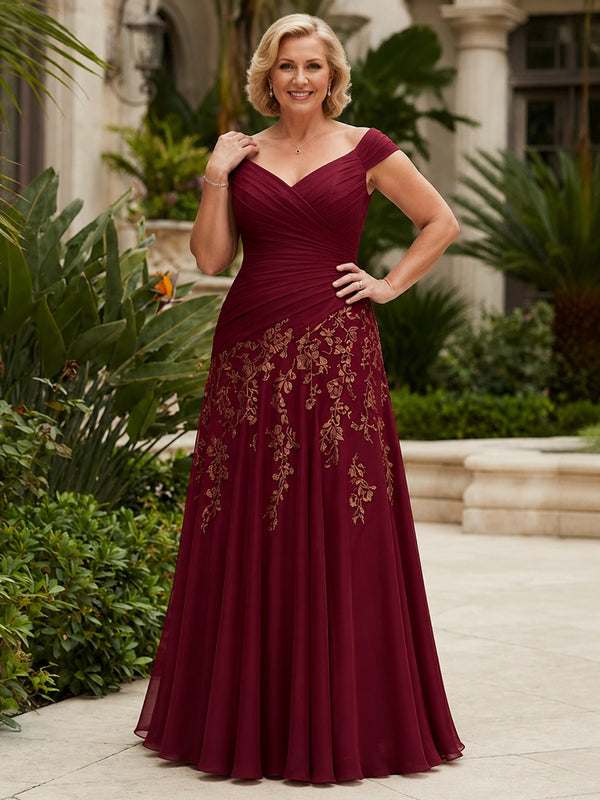 Chiffon A-Line V Neck Long Mother of the Bride Dresses with Lace Applique