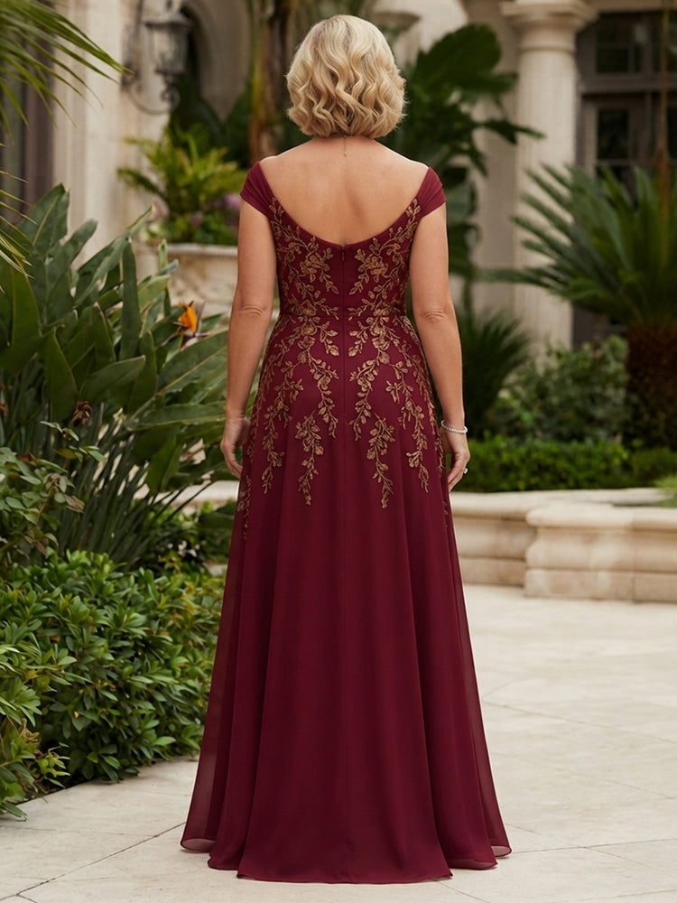 Chiffon A-Line V Neck Long Mother of the Bride Dresses with Lace Applique