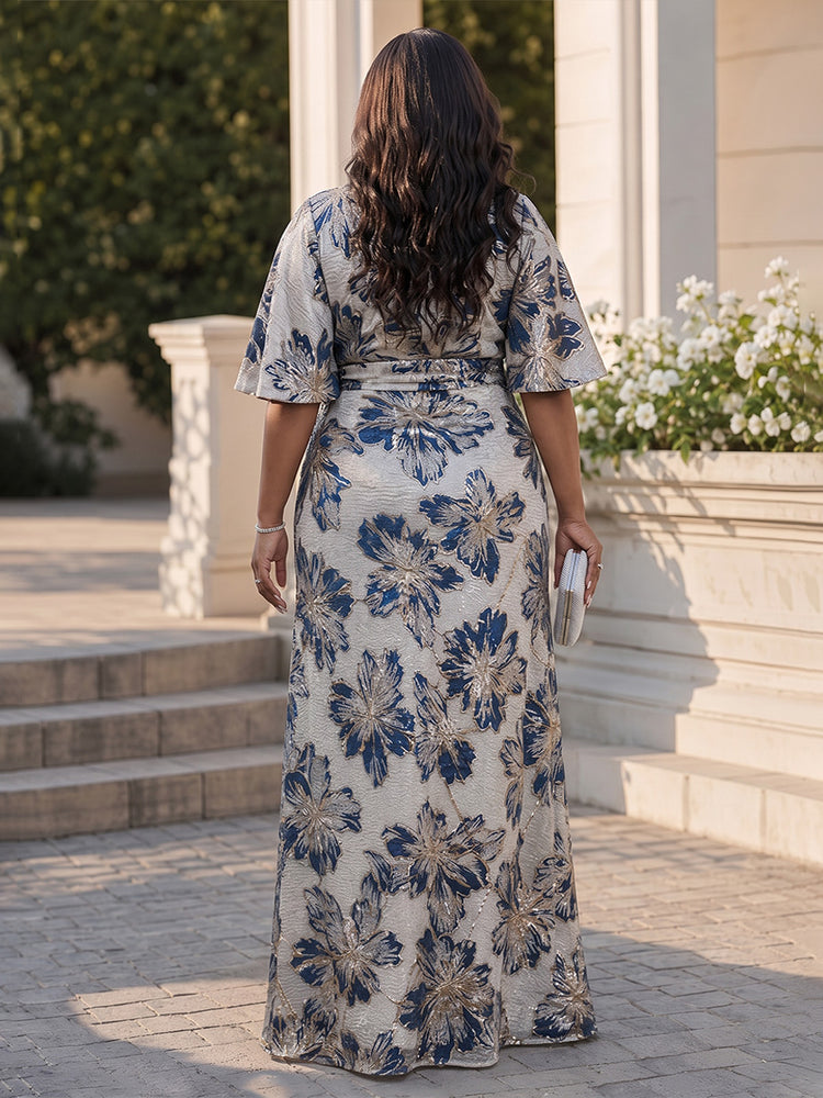 Jacquard Mermaid V Neck Long Plus Size Mother of the Bride Dresses with Ruffles