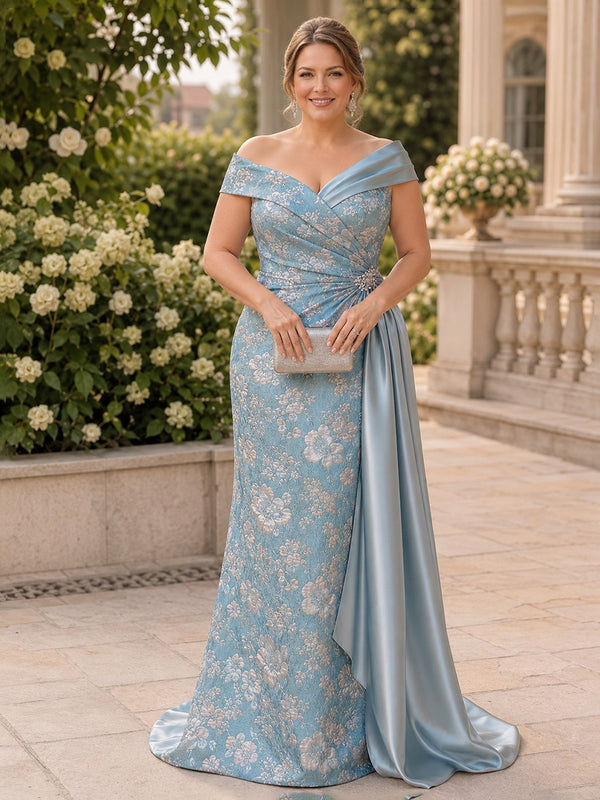 Jacquard Mermaid Off the Shoulder Long Plus Size Mother of the Bride Dresses with Rhinestone