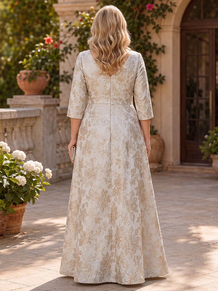 Jacquard A-Line V Neck Long Plus Size Mother of the Bride Dresses with 3D Flowers