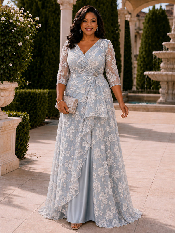 Lace Appliques A-Line V Neck Long Plus Size Mother of the Bride Dresses with Ruffles