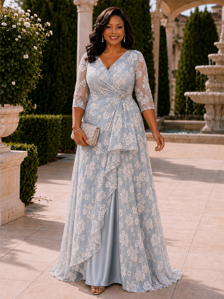 Lace Appliques A-Line V Neck Long Plus Size Mother of the Bride Dresses with Ruffles