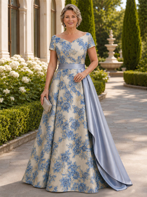 Jacquard A-Line V Neck Long Plus Size Mother of the Bride Dresses with Ruffles