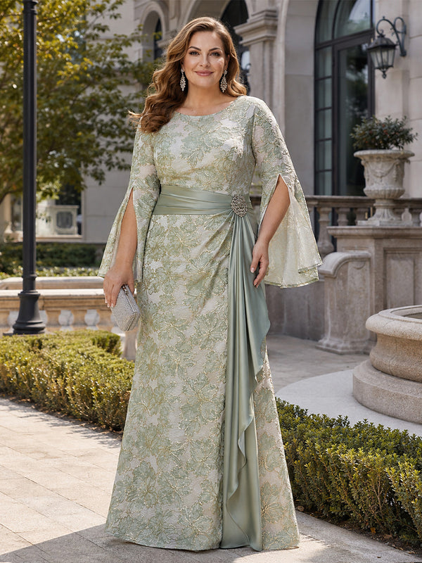 Jacquard Mermaid Scoop Neck Long Plus Size Mother of the Bride Dresses with Rhinestone