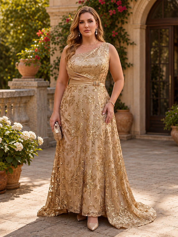 Tulle A-Line One Shoulder Long Plus Size Mother of the Bride Dresses with Sequin Embroidery