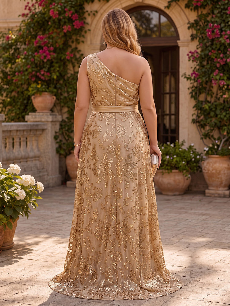 Tulle A-Line One Shoulder Long Plus Size Mother of the Bride Dresses with Sequin Embroidery