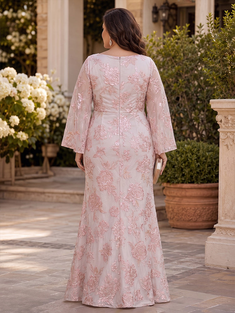 Jacquard Mermaid Scoop Neck Long Plus Size Mother of the Bride Dresses with Rhinestone