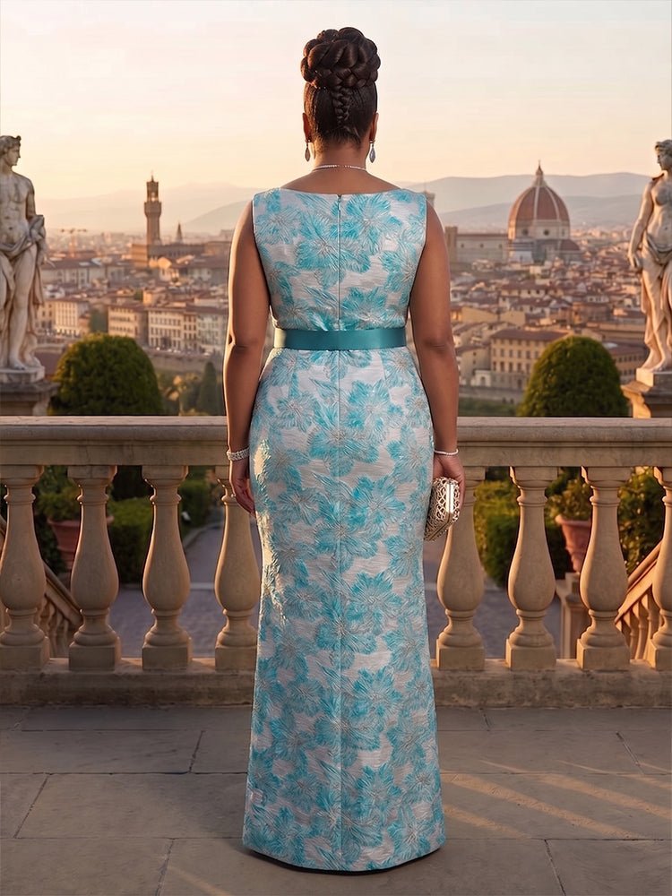 Jacquard Mermaid Boat Neck  Long Plus Size Mother of the Bride Dresses with Split Side