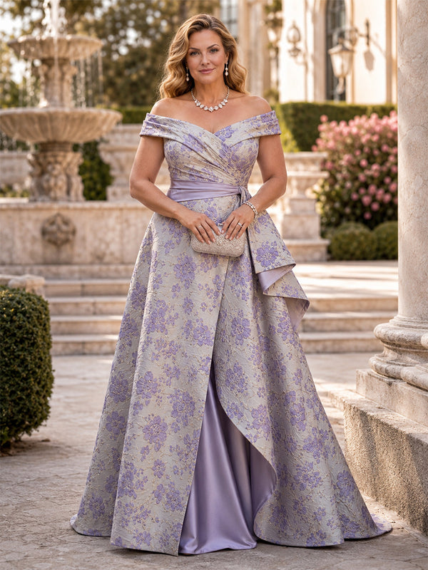 Jacquard A-Line Off the Shoulder Long Plus Size Mother of the Bride Dresses with Ruffles