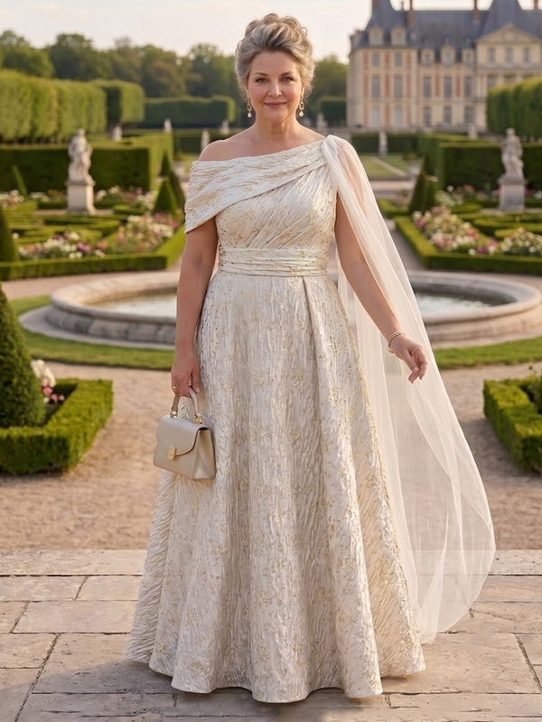 Jacquard A-Line Asymmetric Neck Long Plus Size Mother of the Bride Dresses with Pleats