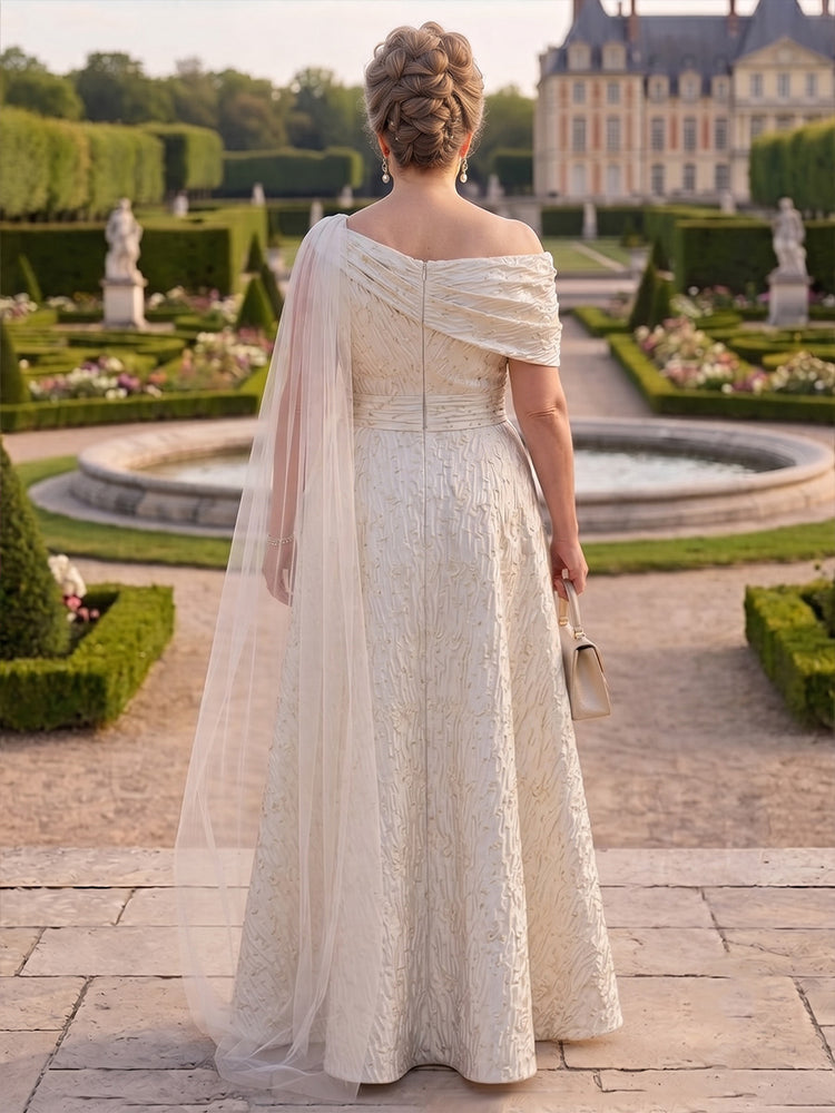 Jacquard A-Line Asymmetric Neck Long Plus Size Mother of the Bride Dresses with Pleats