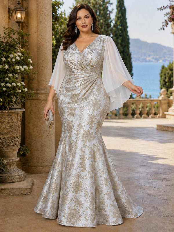 Jacquard Mermaid V Neck Long Ruched Plus Size Mother of the Bride Dresses