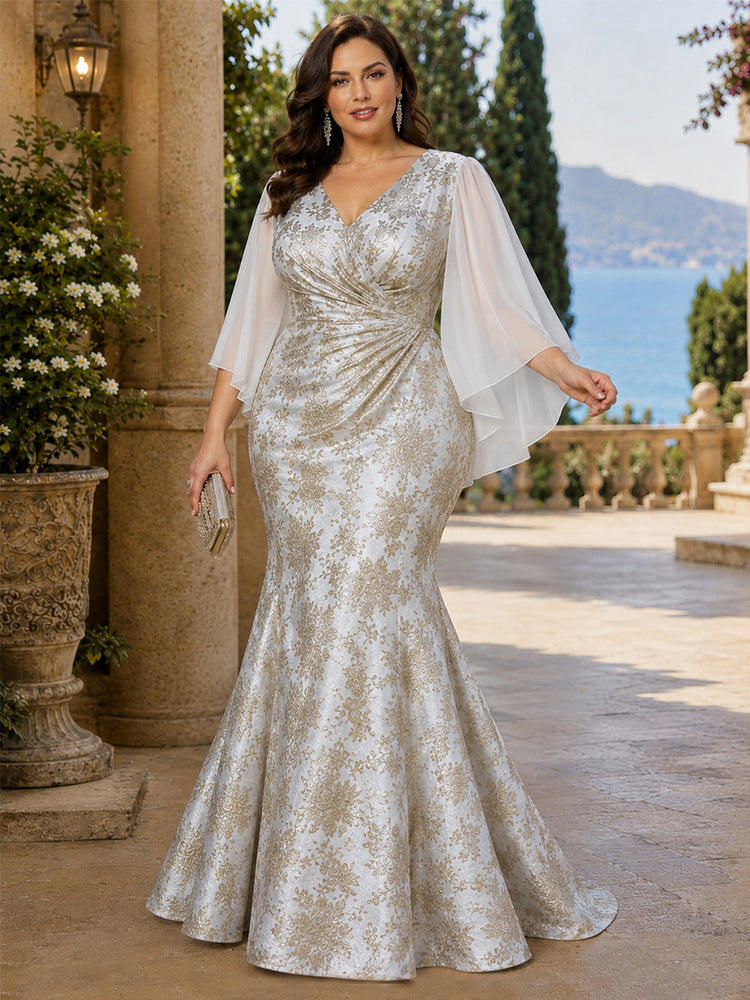 Jacquard Mermaid V Neck Long Ruched Plus Size Mother of the Bride Dresses