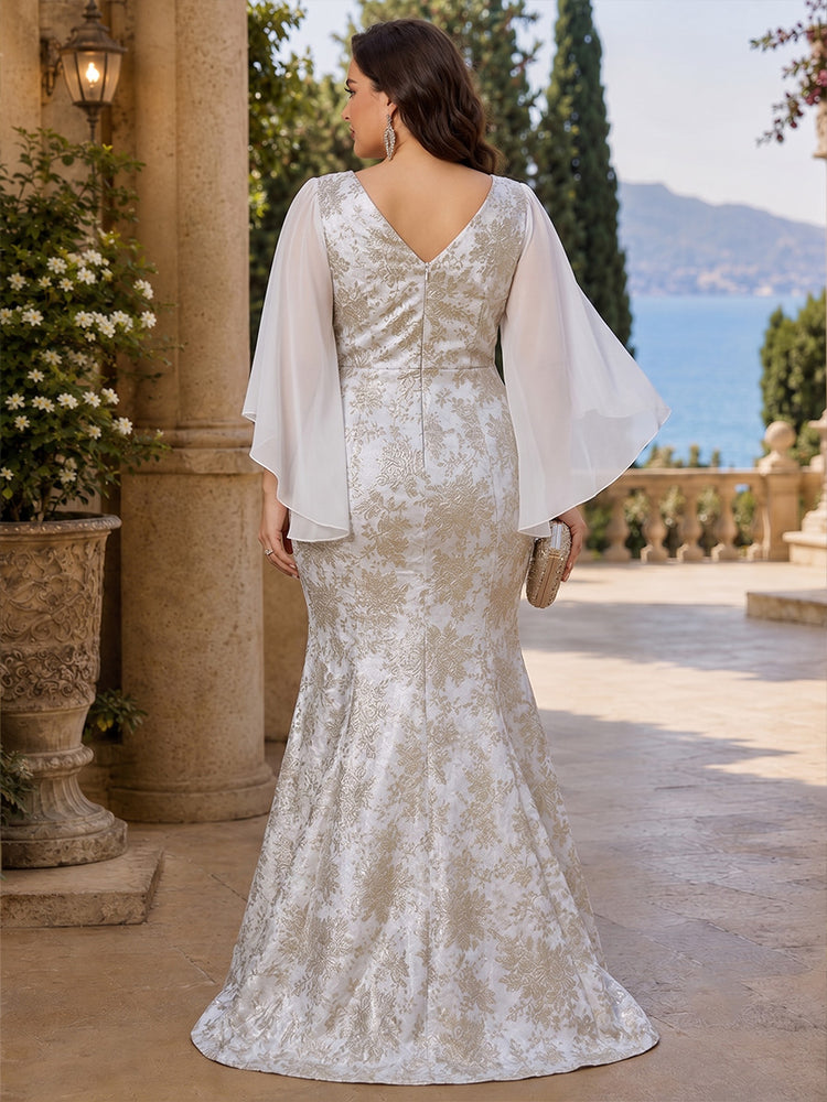 Jacquard Mermaid V Neck Long Ruched Plus Size Mother of the Bride Dresses