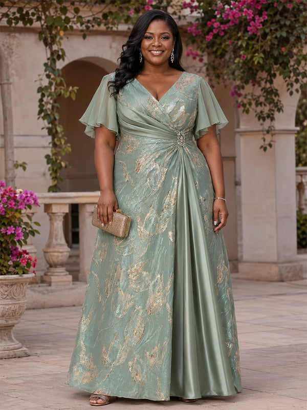 Jacquard A-Line V Neck Long Plus Size Mother of the Bride Dresses with Rhinestone