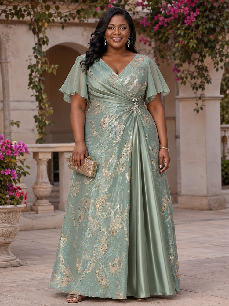 Jacquard A-Line V Neck Long Plus Size Mother of the Bride Dresses with Rhinestone