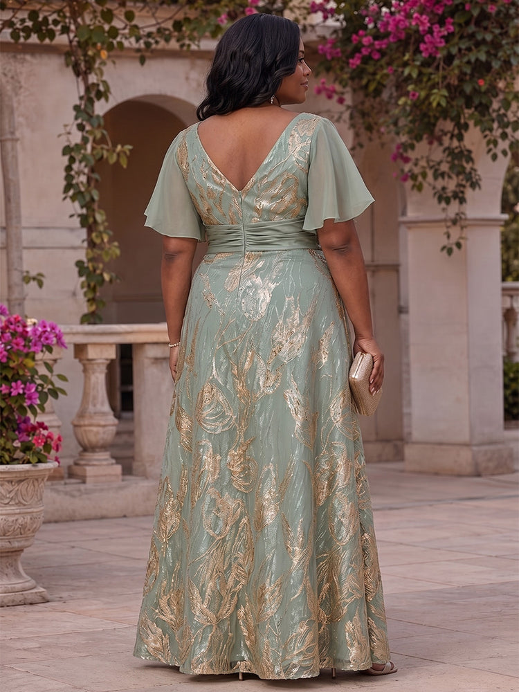 Jacquard A-Line V Neck Long Plus Size Mother of the Bride Dresses with Rhinestone