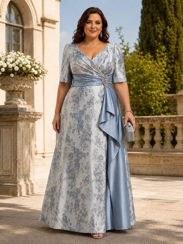 Jacquard A-Line V Neck Long Plus Size Mother of the Bride Dresses with Rhinestone