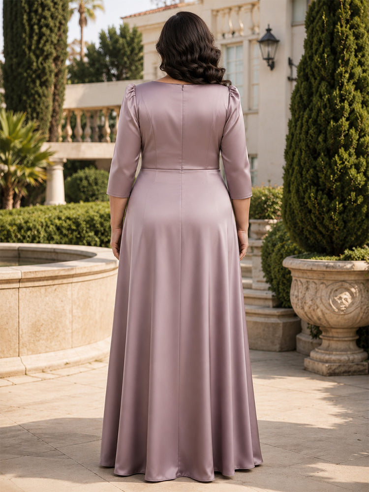Satin A-Line V Neck Long Plus Size Mother of the Bride Dresses with 3D Flowers