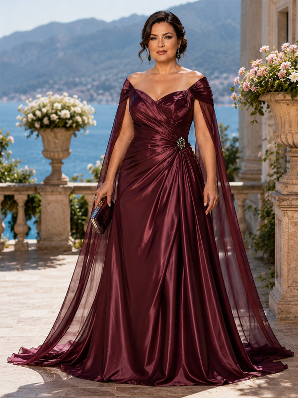 Satin A-Line Off the Shoulder Long Plus Size Mother of the Bride Dresses with Rhinestone